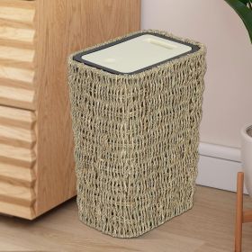 Boho Trash Can with Lid,2.6Gallon Small Rattan Trash Can with Press Top Lid,Slim Wicker Waste Basket and Hamper 2 in 1 for Bathroom