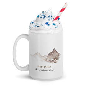 Misty Peaks Coffee Mug - Dreamy Mountain Watercolor Art (Color: White + Water Art, size: 15 oz)